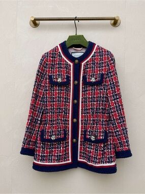 Authentic Gucci Red, Navy & White Tweed Boxy Jacket